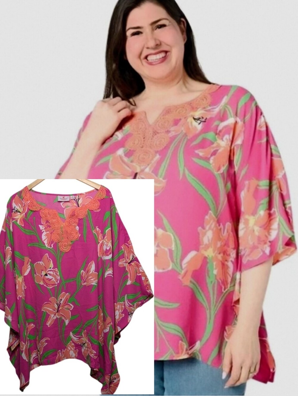 Quacker Factory Pink Floral Lace-Trim Butterfly Caftan Top Iris Floral